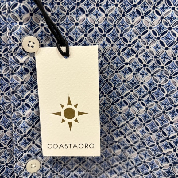 NWT COASTAORO Mens Short Sleeve Button Down Blue Geometric Shirt 100% Cotton - Picture 4 of 6